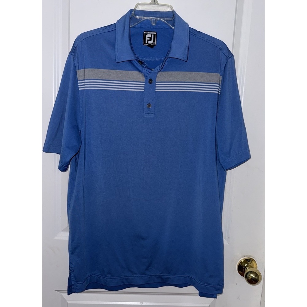 FootJoy Shirt Men Size Large Blue Striped Athletic Fit FJ Polo Short Sleeve